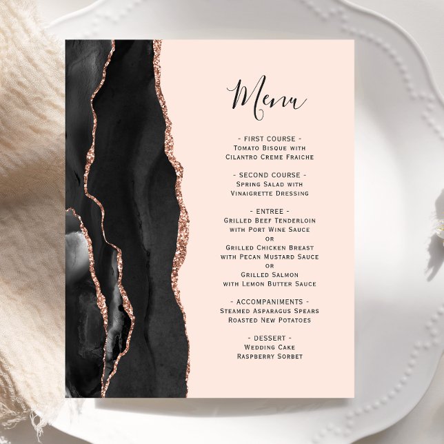 Budget Black Rose Gold Agate Blush Wedding Menu (Creator Uploaded)