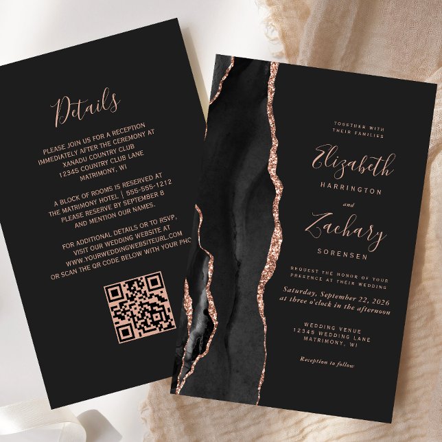 Budget Black Rose Gold Agate Dark QR Code Wedding (Creator Uploaded)