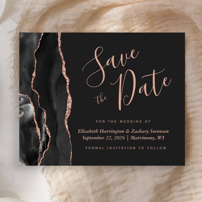Budget Black Rose Gold Agate Dark Save the Date (Creator Uploaded)