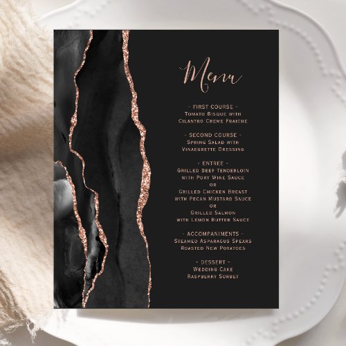 Budget Black Rose Gold Agate Dark Wedding Menu