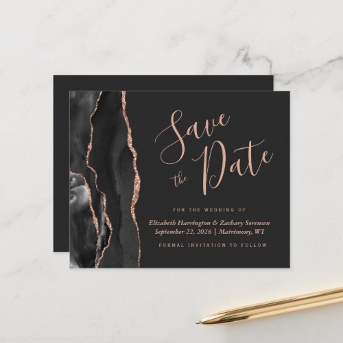 Budget Black Rose Gold Agate Wedding Save the Date