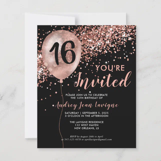 Budget Black Rose Gold Balloon Sweet 16th Birthday | Zazzle