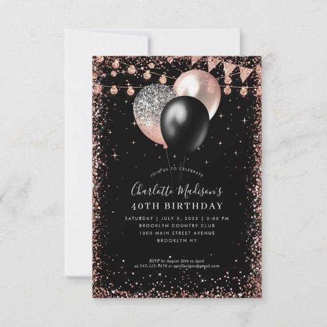 Budget Black Rose Gold Glitter Balloon Birthday Note Card (Front)