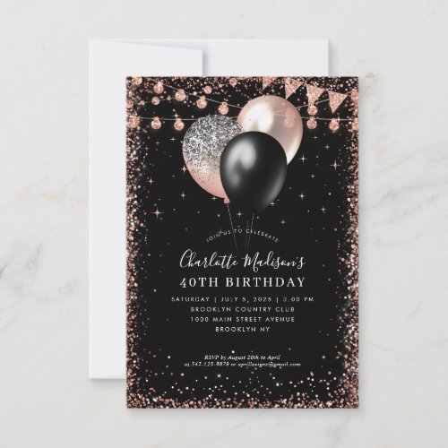 Budget Black Rose Gold Glitter Balloon Birthday Note Card