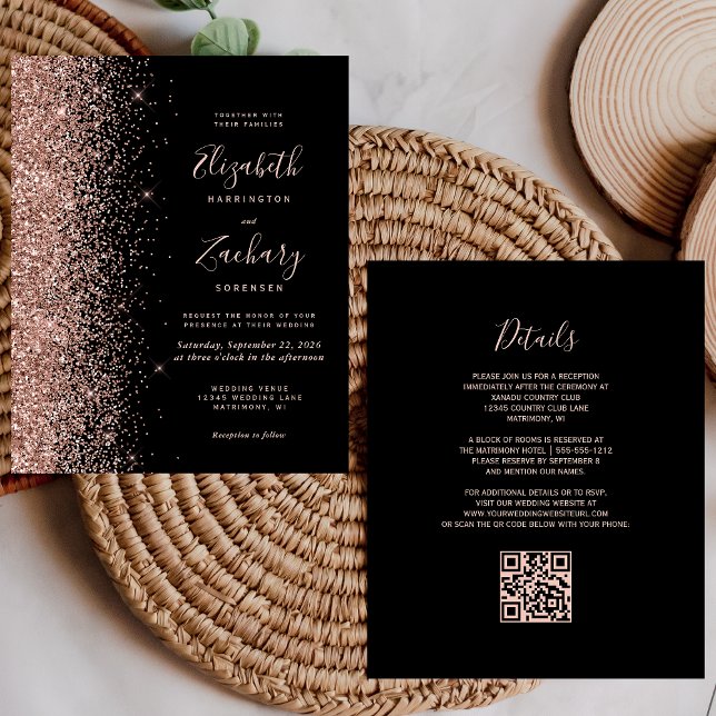 Budget Black Rose Gold Glitter QR Code Wedding (Creator Uploaded)
