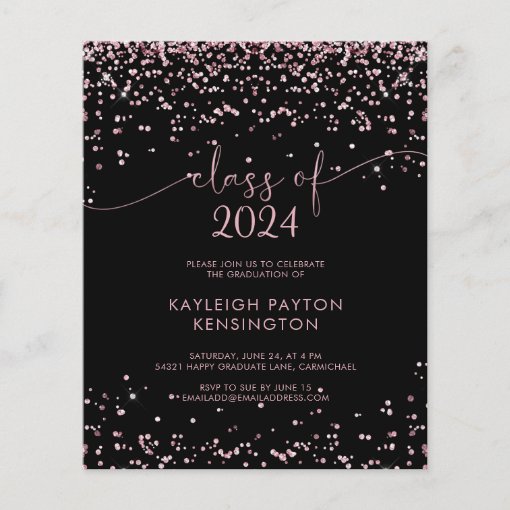 BUDGET Black Rose Gold Pink Glitter Graduation | Zazzle