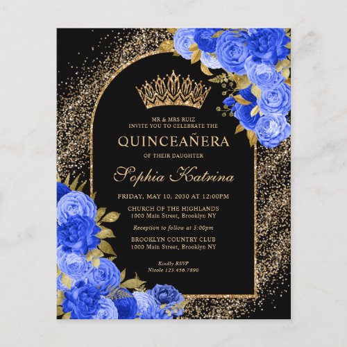 Budget Black Royal Blue Gold Floral Quinceanera