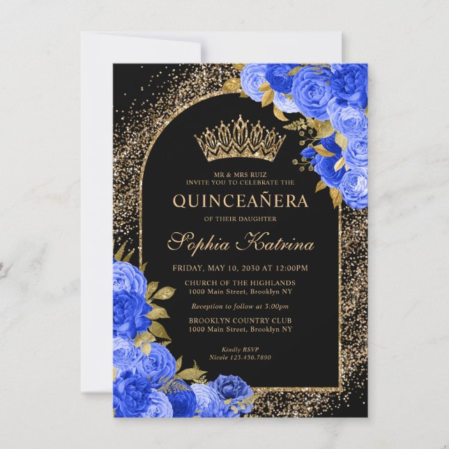 Budget Black Royal Blue Gold Floral Quinceanera Note Card (Front)