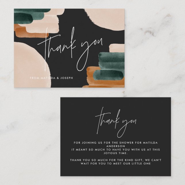 budget black, rust abstract baby shower thank you note card (Front/Back)