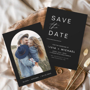 Budget Black Save The Date Photo Invitation Flyer by Hot_Foil_Creations at Zazzle