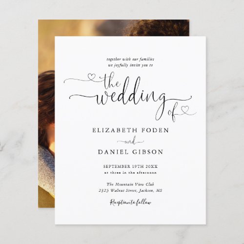 Budget Black Script Photo Wedding Invitation - This elegant budget black and white wedding invitation can be personalized with your celebration details set in chic typography and your special photo on the reverse. Designed by Thisisnotme©