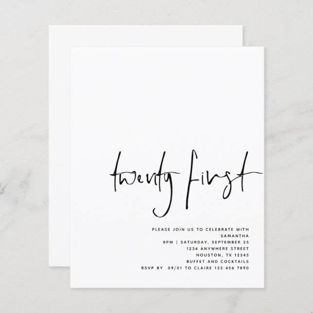 Budget Black Script White 21st Birthday Invite  (Front/Back)