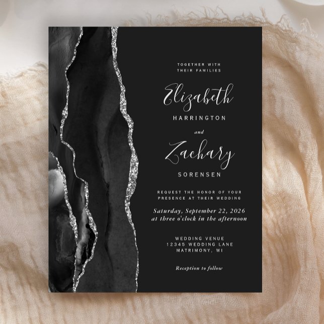 Budget Black Silver Agate Dark Wedding Invitation (Creator Uploaded)