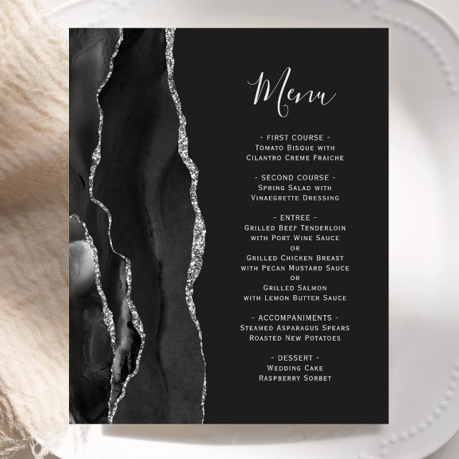 Budget Black Silver Agate Dark Wedding Menu (Creator Uploaded)