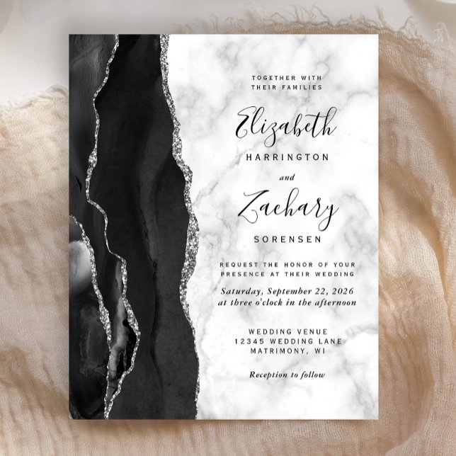 Budget Black Silver Agate Marble Wedding Invite (Creator Uploaded)