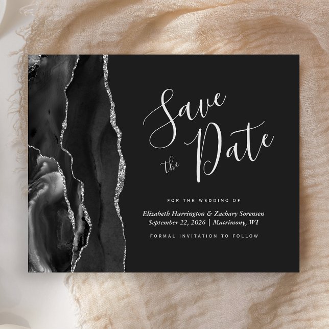 Budget Black Silver Agate Save the Date Card (Creator Uploaded)
