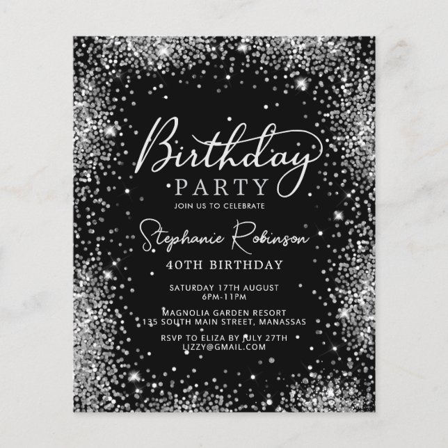 Budget Black Silver Glitter 40th Birthday Invite (Front)