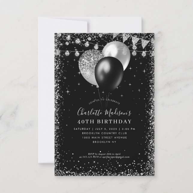 Budget Black Silver Glitter Balloon Light Birthday Note Card (Front)