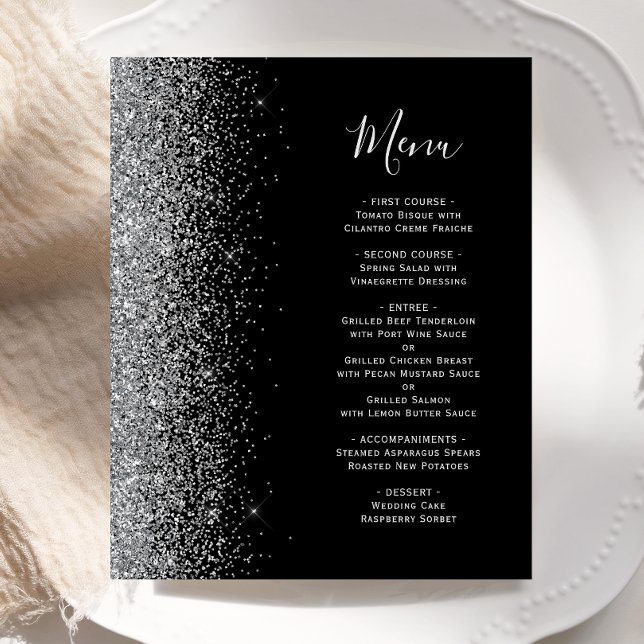 Budget Black Silver Glitter Edge Wedding Menu (Creator Uploaded)