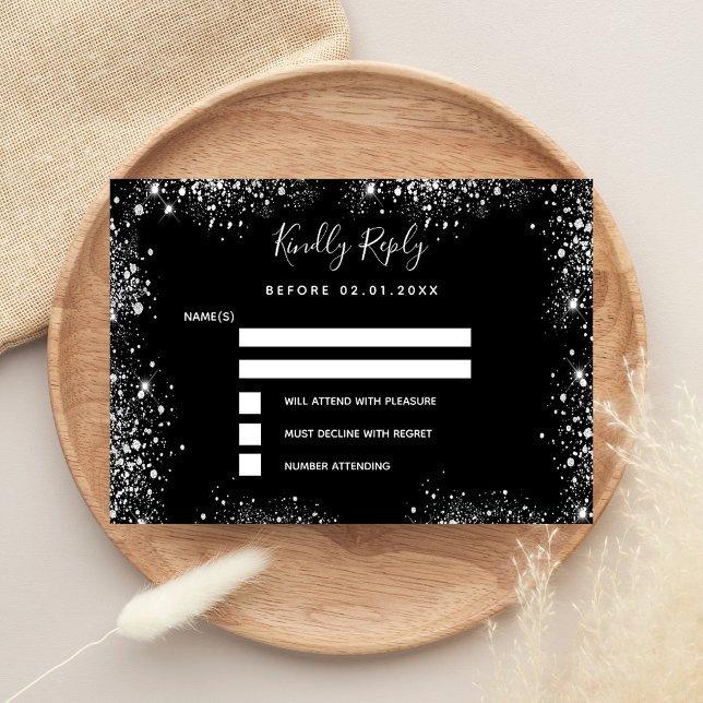 Budget black silver glitter sparkle wedding RSVP Note Card (Creator Uploaded)