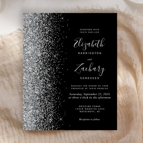 Budget Black Silver Glitter Wedding Invitation