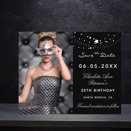 Budget black silver photo birthday Save the Date