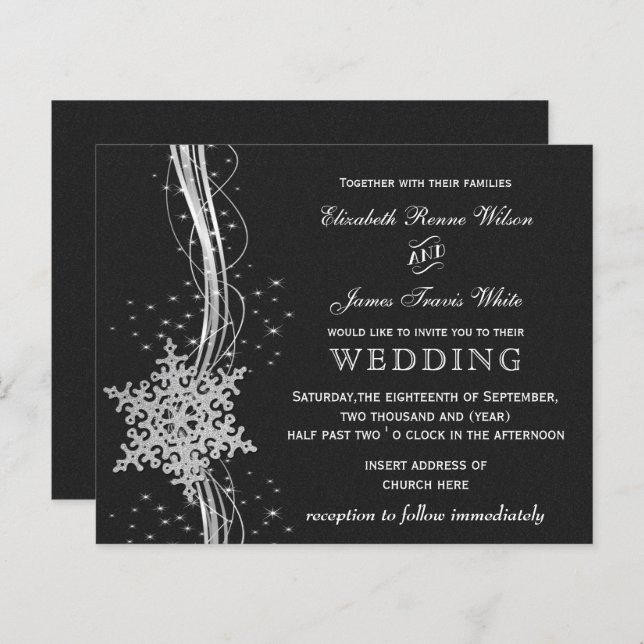 Budget Black Silver Snowflakes wedding invitations (Front/Back)