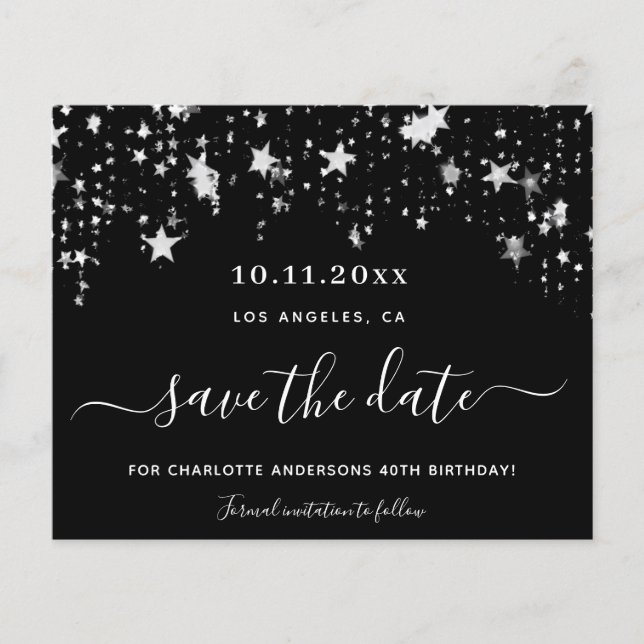 Budget black silver stars birthday save the date (Front)