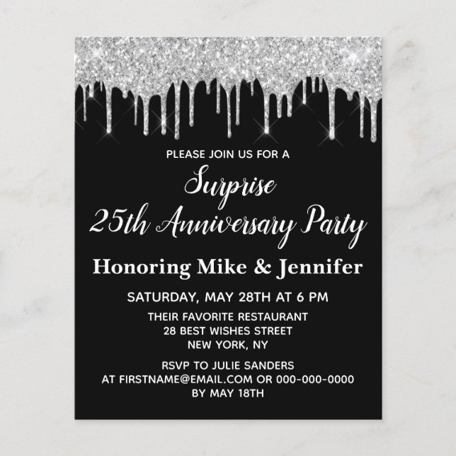 Budget Black & Silver Surprise Anniversary Invite (Front)