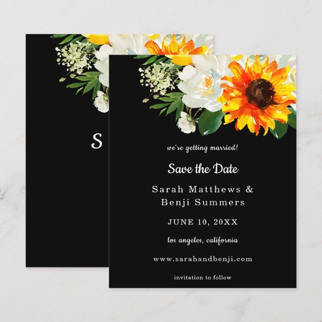 Budget Black Sunflower & Whi Floral Save the Date (Front/Back)