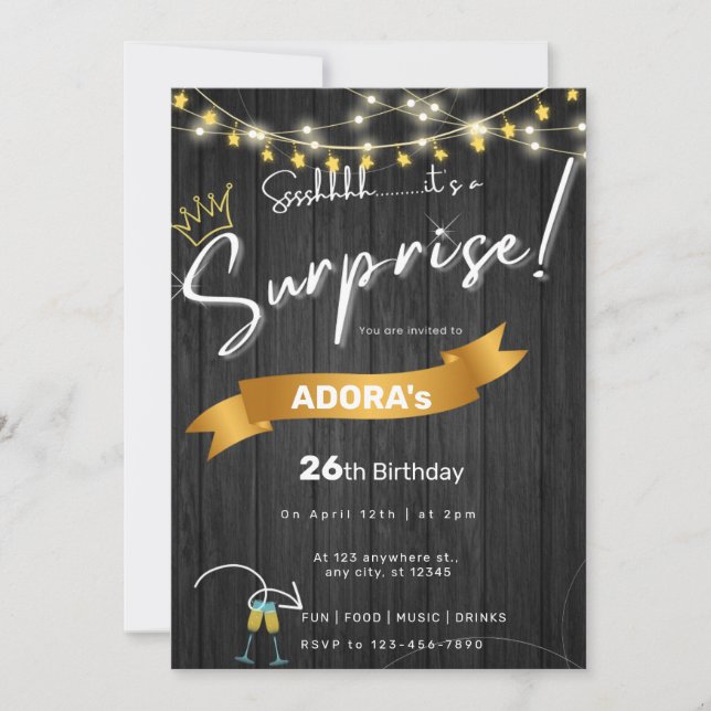Budget Black surprise birthday invitation (Front)