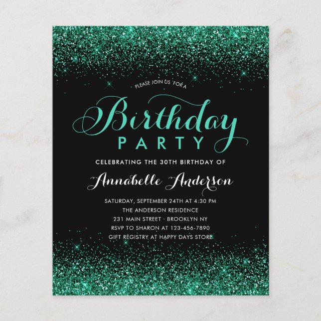 Budget Black Teal Green Glitter Any Age Birthday (Front)