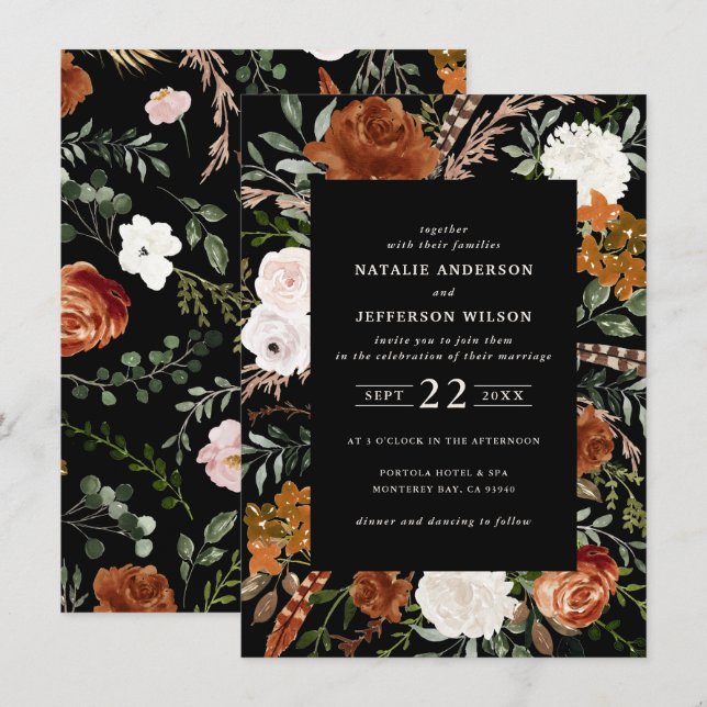 Budget black terracotta floral rustic elegant flye invitation (Front/Back)