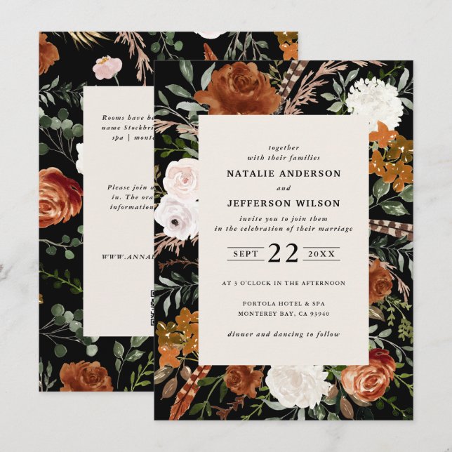 Budget black terracotta floral wedding details invitation (Front/Back)