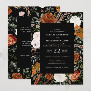 Budget black terracotta floral wedding details invitation