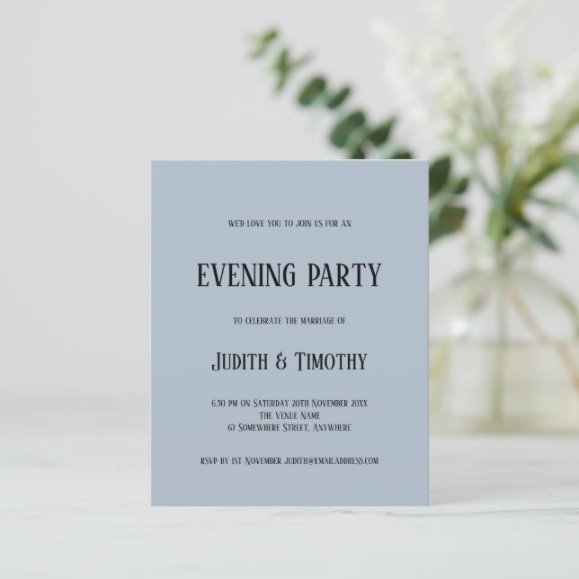 Budget Black Text Dusty Blue Evening Party Invite (Standing Front)