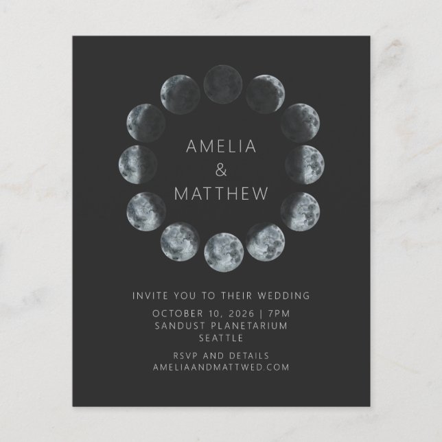 Budget Black Watercolor Moon Phases Wedding Invite (Front)