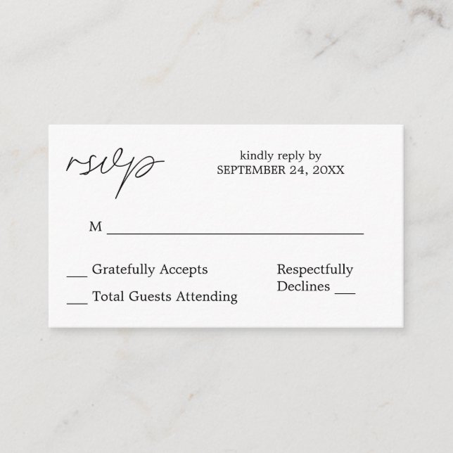 Budget Black & White Calligraphy 3 RSVP no Meal Enclosure Card (Front)