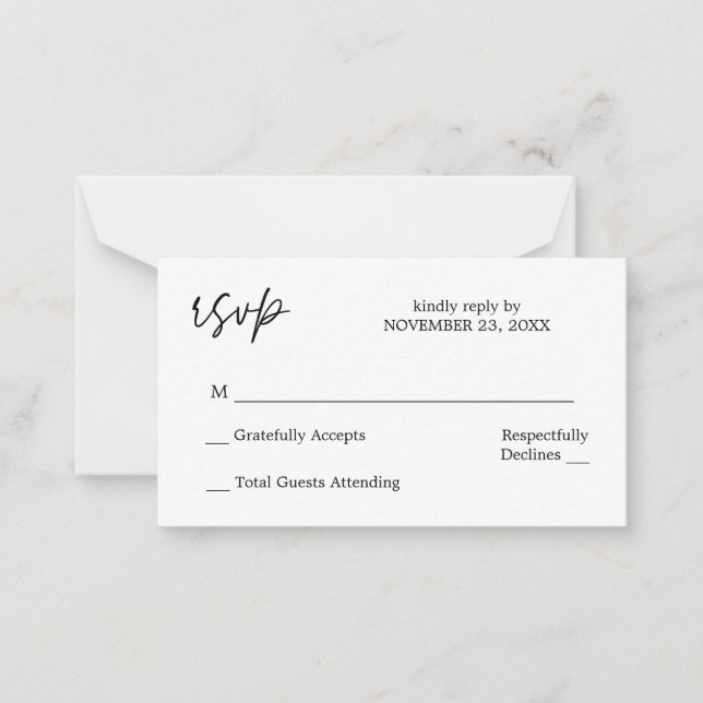 Budget Black & White Calligraphy No Meal RSVP Note Card (Front)