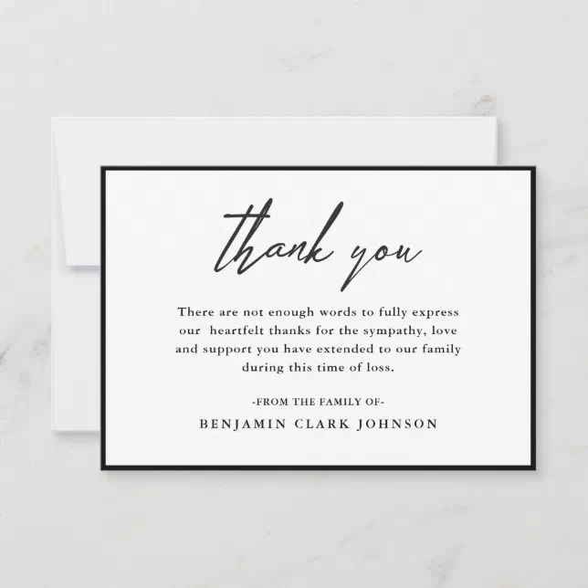 Budget Black & White Condolence Sympathy Funeral Thank You Card | Zazzle