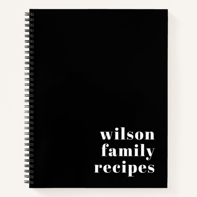 Budget Black White Family Name Typography Recipe Notebook (Front)