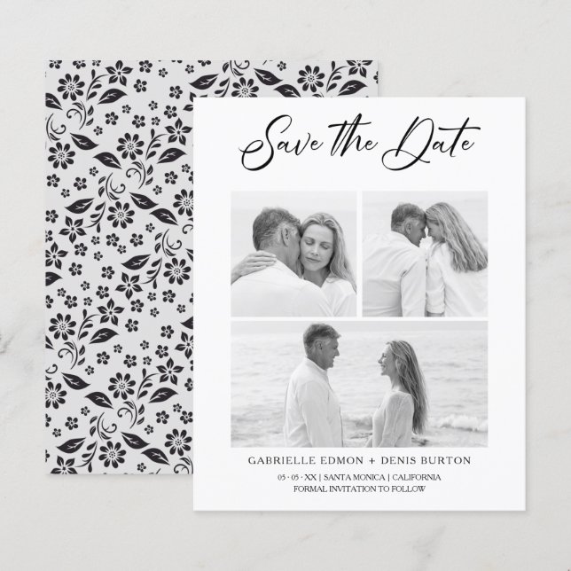 Budget Black White  Floral 2 Photos Trendy Collage (Front/Back)