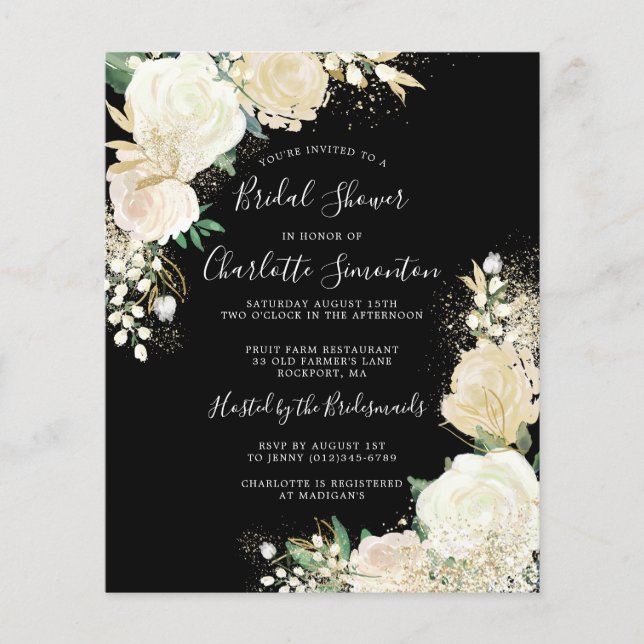 Budget Black White Floral Bridal Shower Invitation (Front)