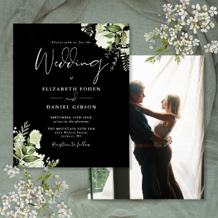 Budget Black White Floral Photo Wedding Invitation