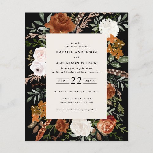 Budget black white floral wedding details invite flyer