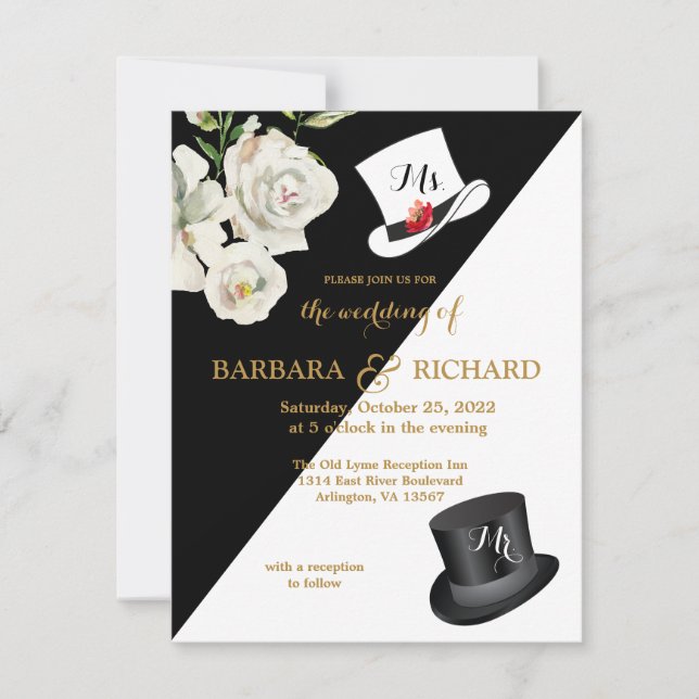 Budget Black & White Floral Wedding   Invitation (Front)