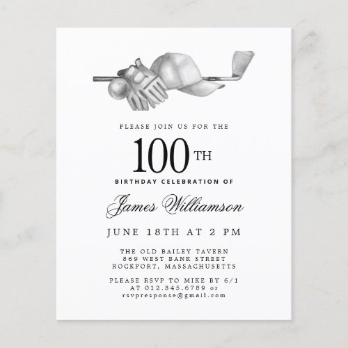 Budget Black White Golf 100th Birthday Invitation