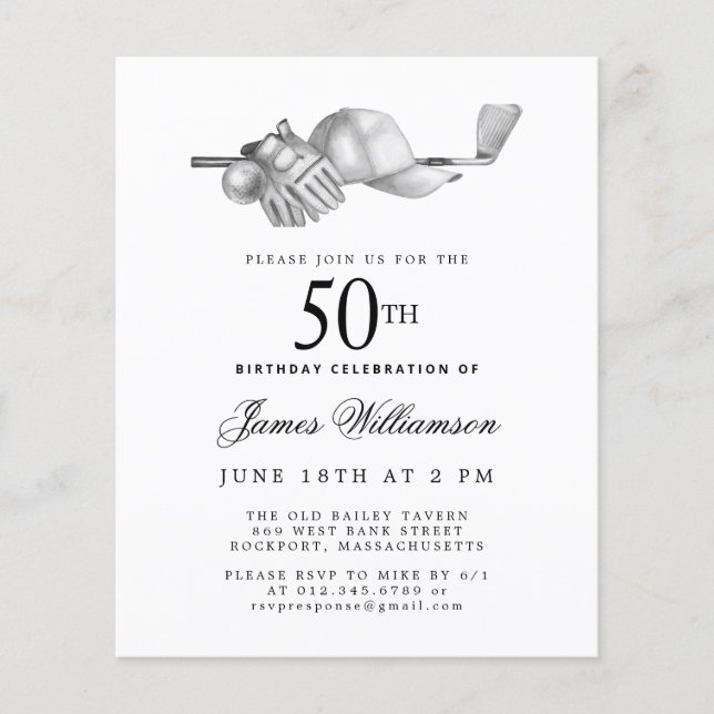 Budget Black White Golf 50th Birthday Invitation (Front)