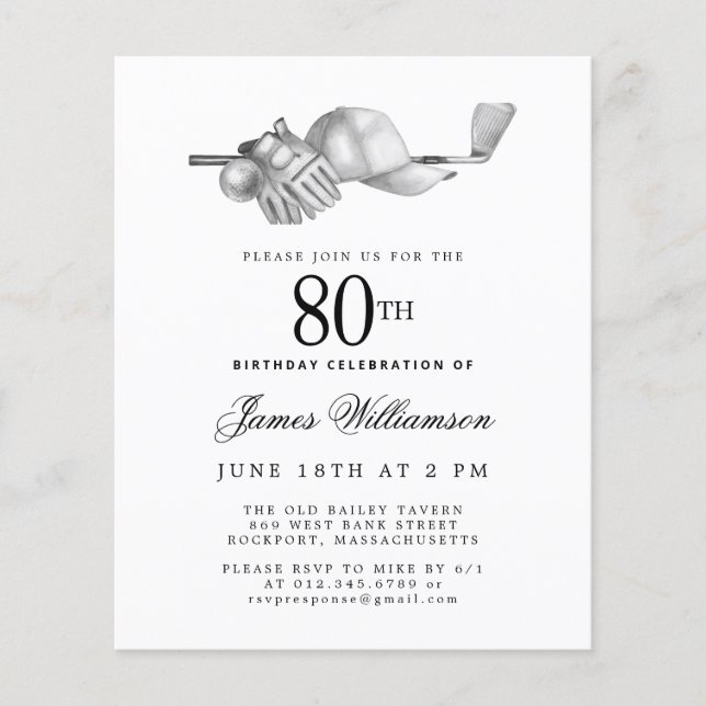 Budget Black White Golf 80th Birthday Invitation (Front)