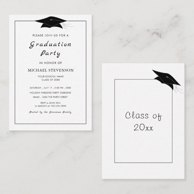 Budget Black White Graduation Party Invitation Cap (Front/Back)